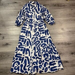 Dress Nado Blue White Abstract Print Cotton Midi Shirt Dress Spring Party Office